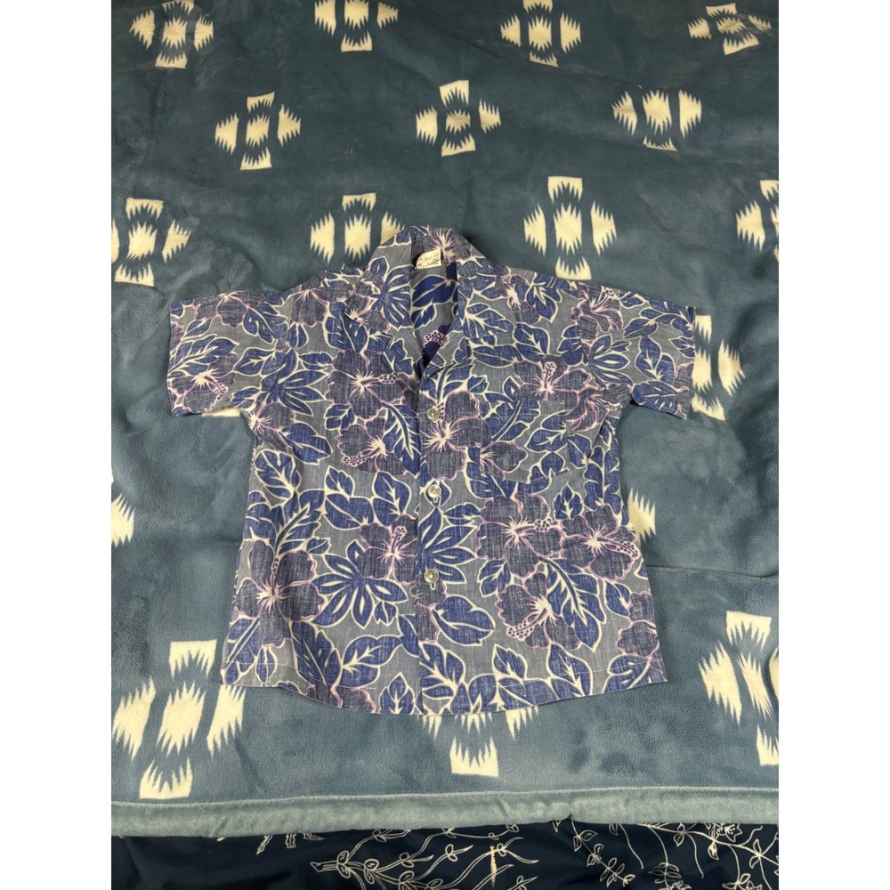 Vintage Nikky Kids Hawaiian Shirt Blue Purple Hibiscus Floral Made in Hawaii 4